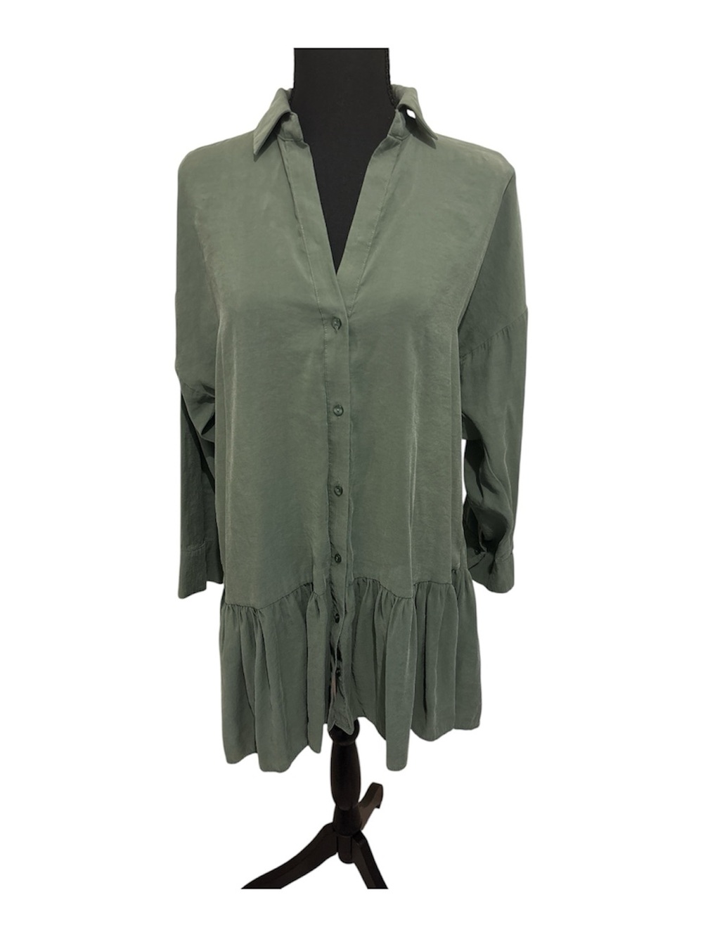 Zara Olive Green Button-Front Ruffle Hem Tunic